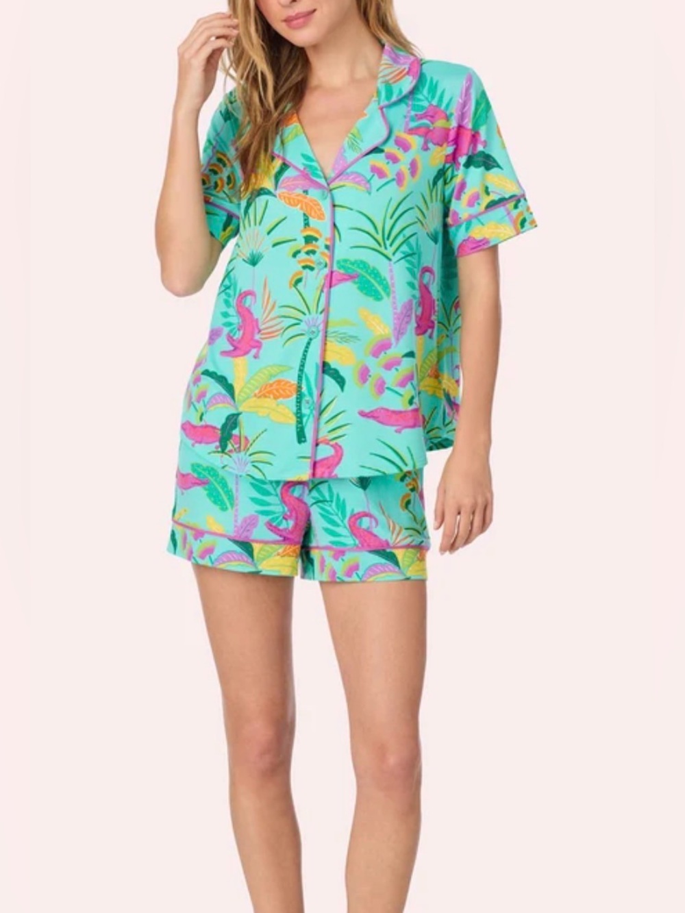 NEW Room Service PJs 2PC Pajama Set 1X Crocodile Cove Knit Shorts Teal Tropical